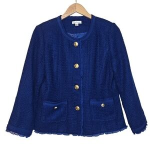 Joan Rivers Bouclé Tweed Jacket Women Size 10 Blue Ruffle Trim Gold Button A216
